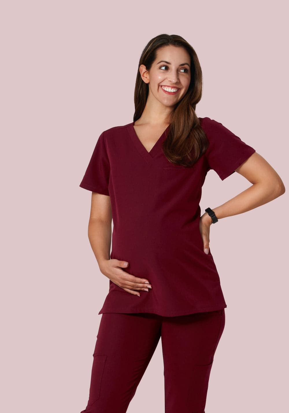 Hamile Tek Cepli Scrub Üst — Şarap Kırmızısı