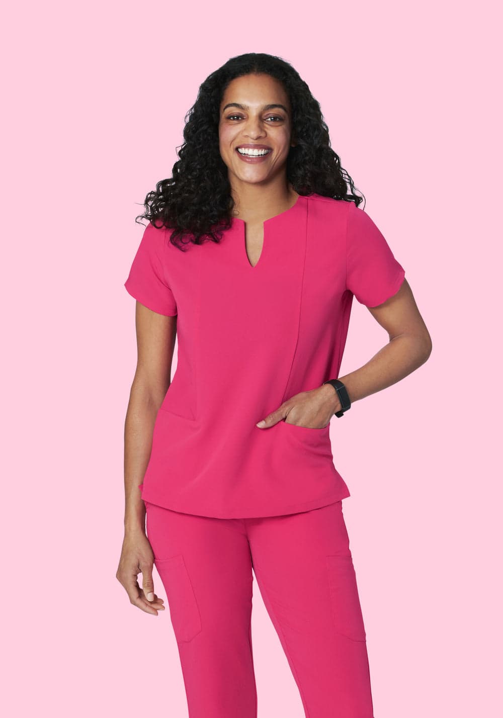5 Cepli Çentik Yaka Scrub Üst — Fuşya Pembe