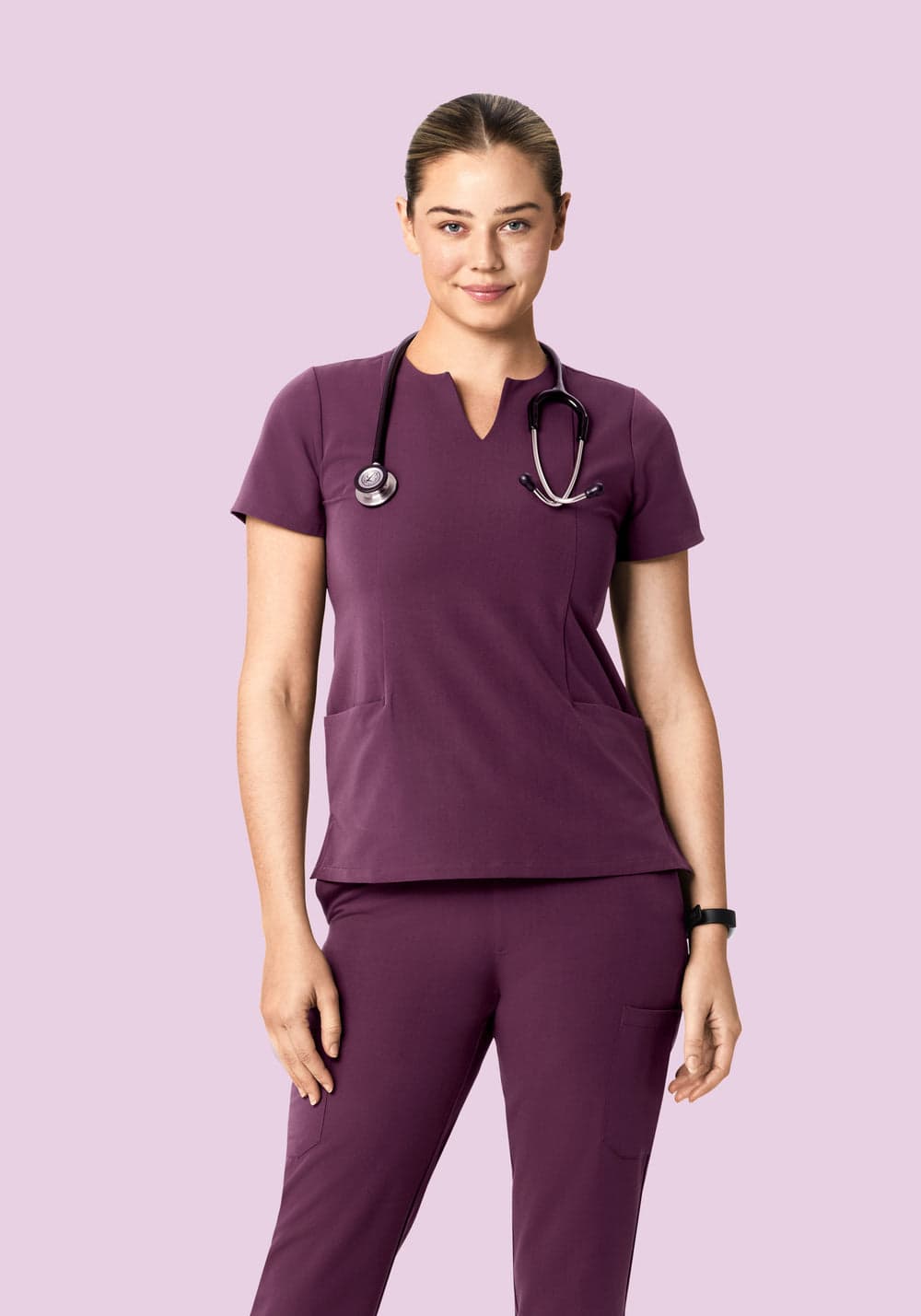 5 Cepli Çentik Yaka Scrub Üst — Bordo