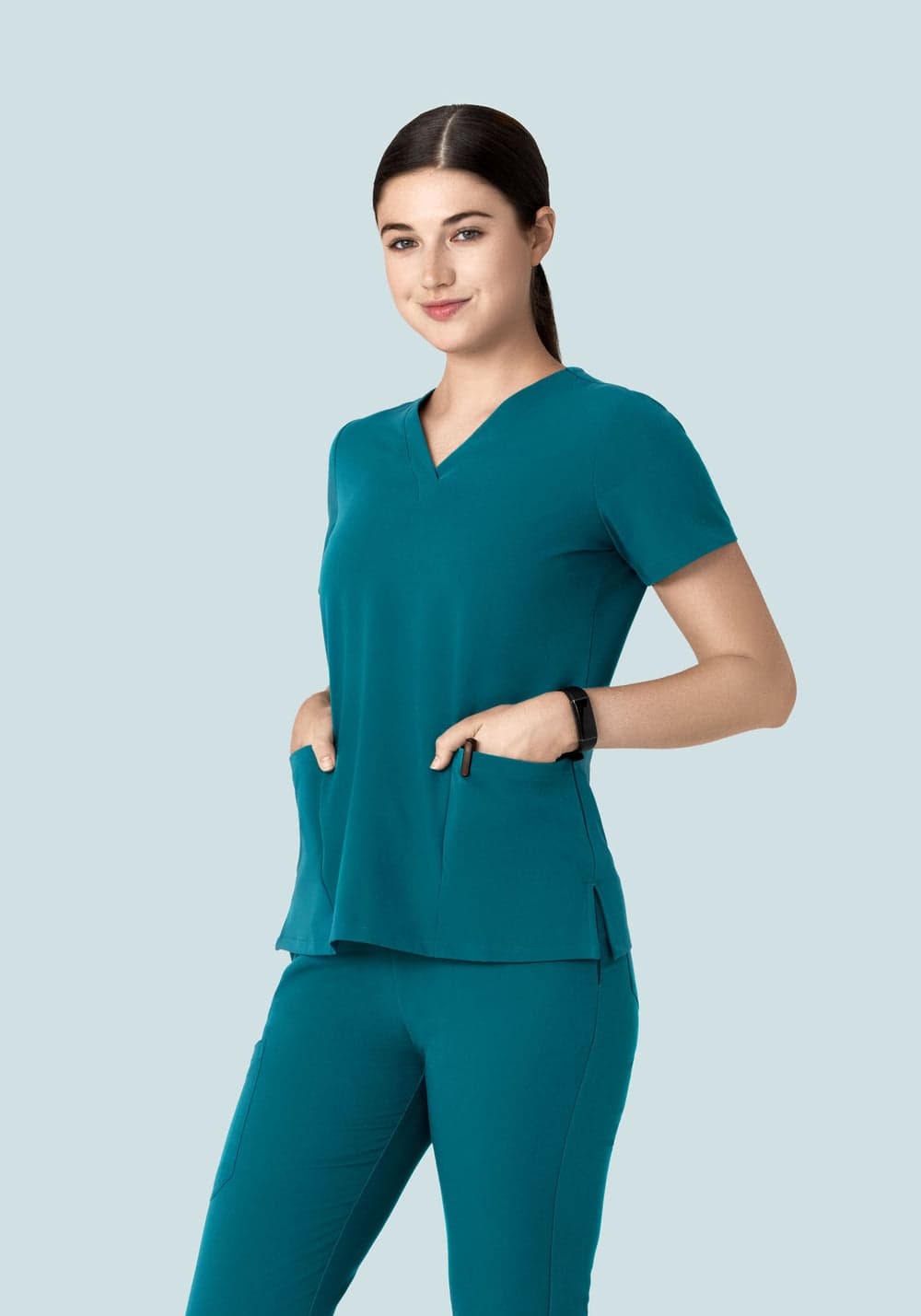 6 Cepli Scrub Üst — Tavus Yeşili
