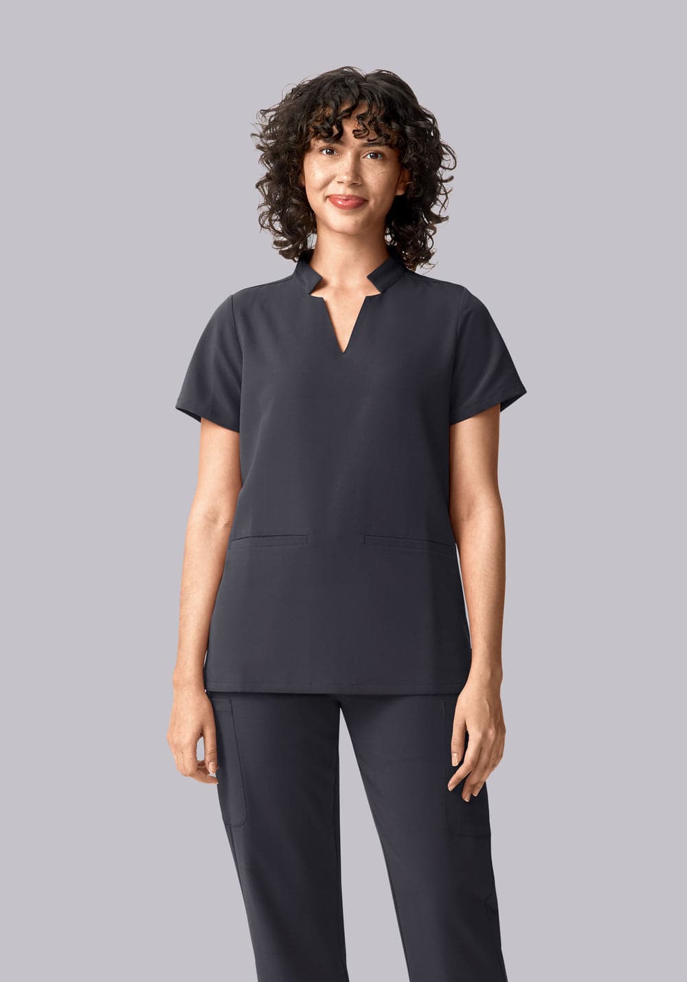 Stand Collar Notch Neck Top — Pewter