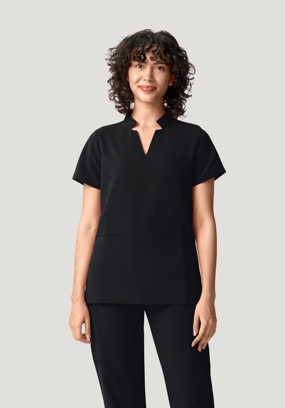Stand Collar Notch Neck Top — Black