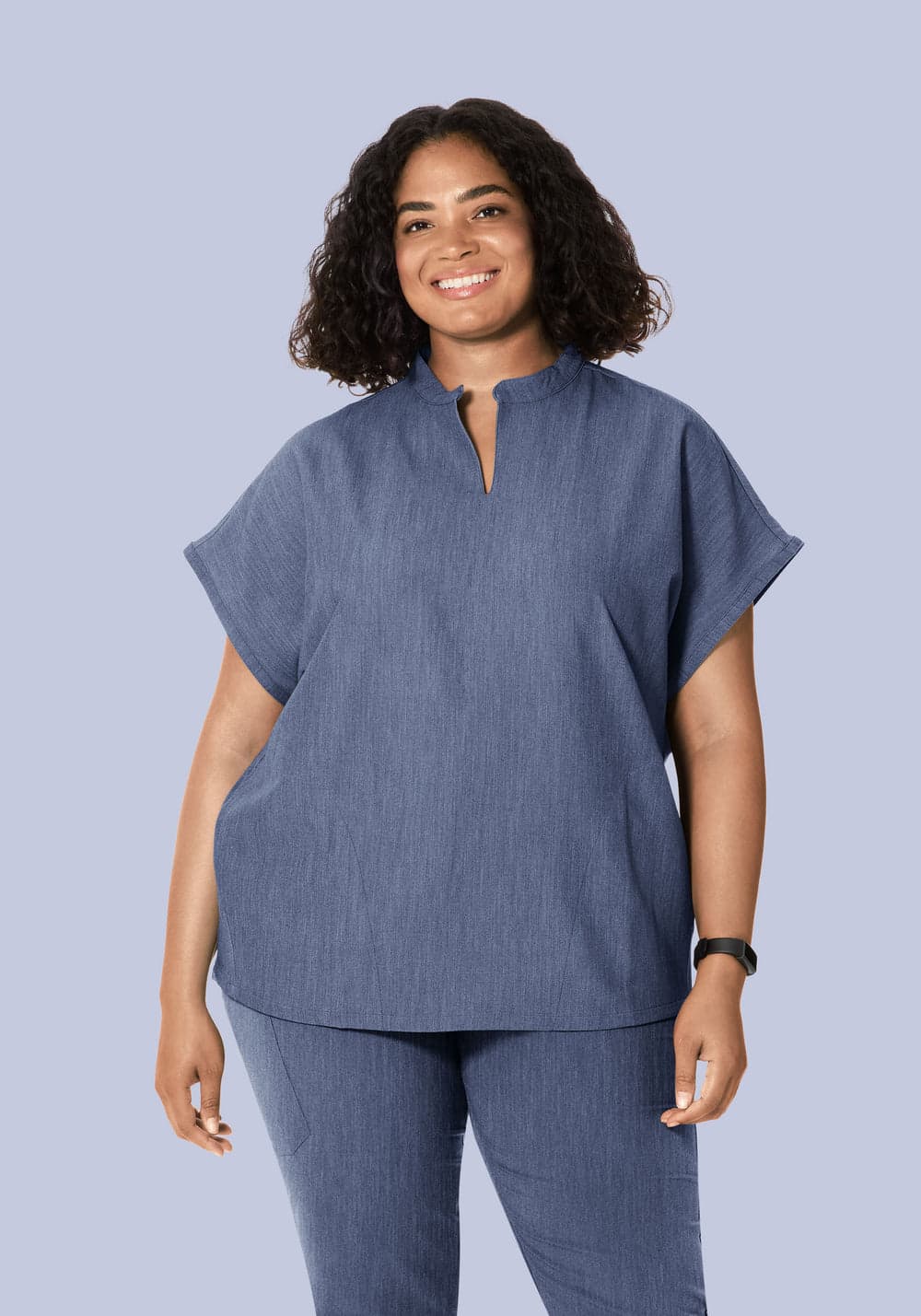 Hakim Yaka Dolman Scrub Üst — Kırçıllı Denim