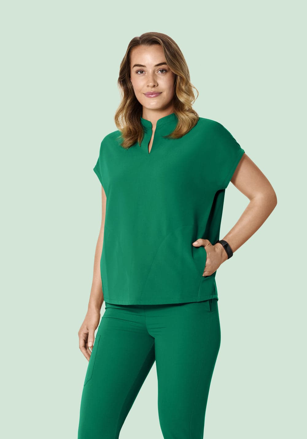 Hakim Yaka Dolman Scrub Üst — Orman Yeşili