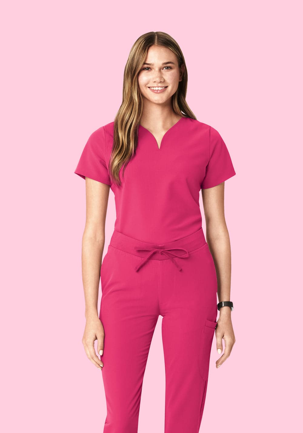 Oval V Yaka Scrub Üst — Fuşya Pembe