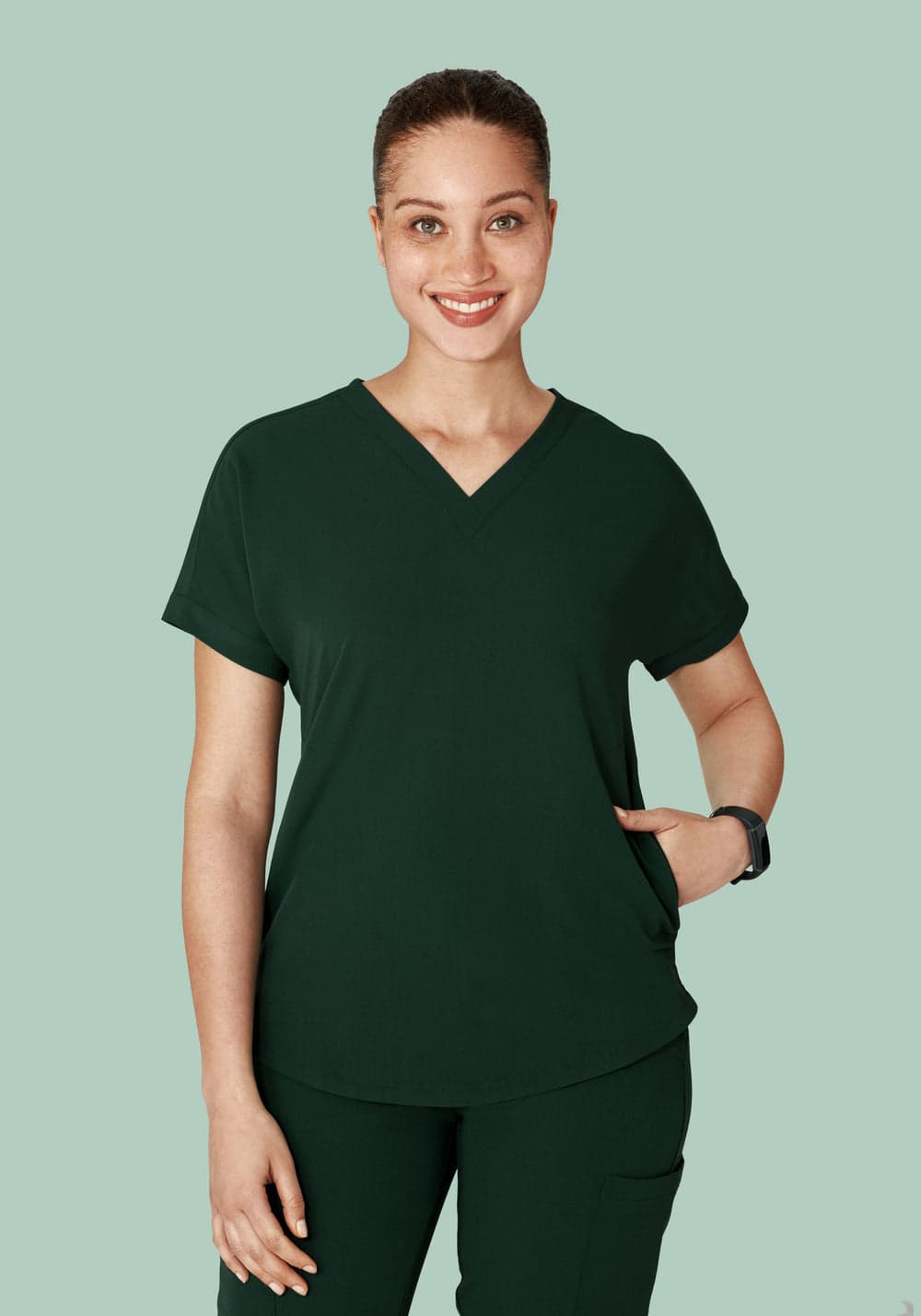 Oversize V Yaka Scrub Üst — Gece Yeşili