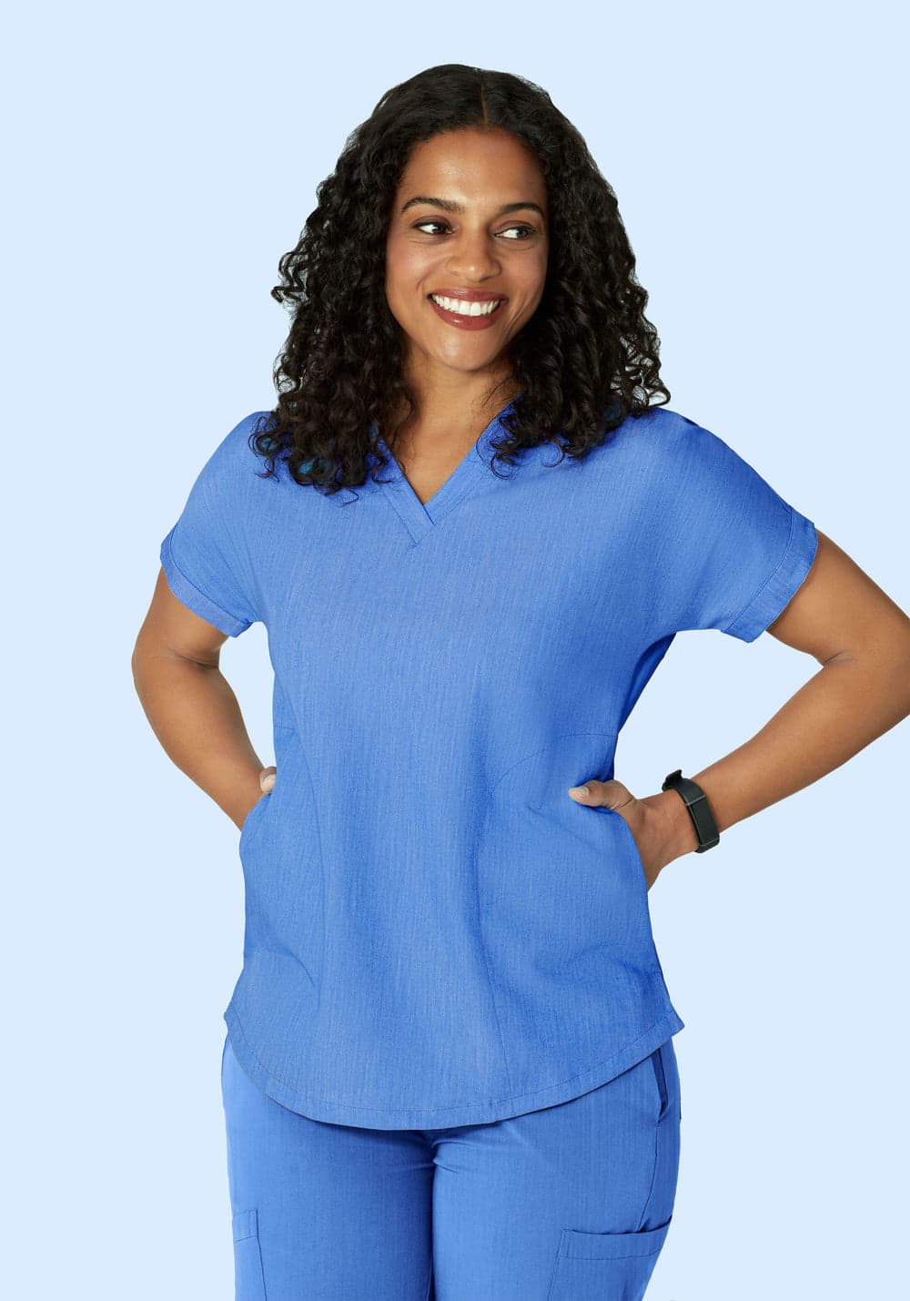 Oversize V Yaka Scrub Üst — Kırçıllı Mavi