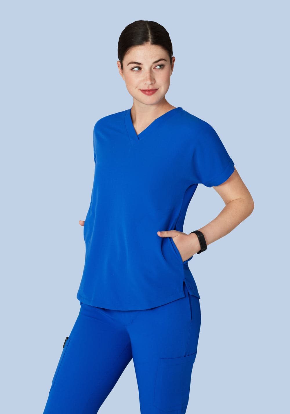 Oversize V Yaka Scrub Üst — Saks Mavisi