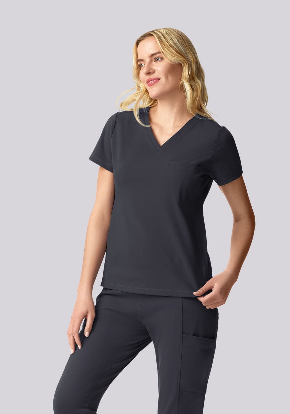 Soft Stretch Göğüs Cepli Scrub Üst — Kurşun Grisi