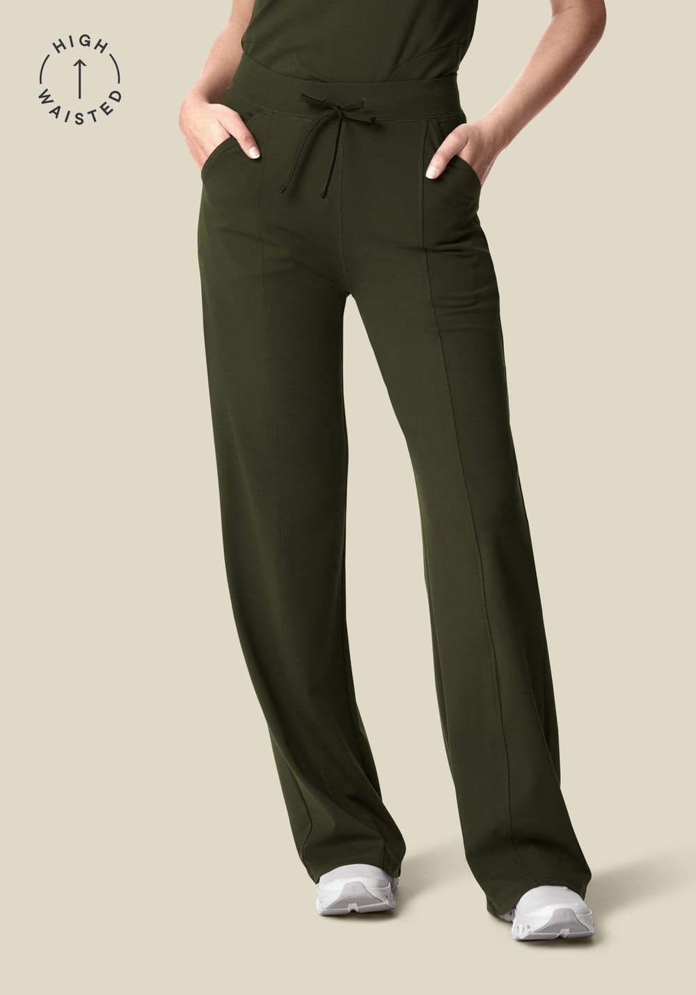 Soft Stretch Yüksek Bel Bol Paça Pantolon — Zeytin Yeşili