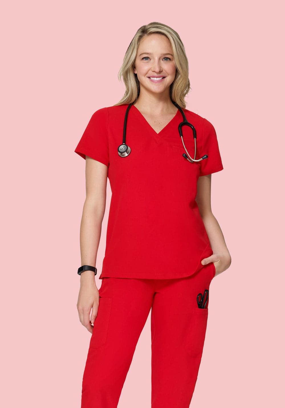 Tek Cepli Scrub Üst — Şeker Kırmızısı