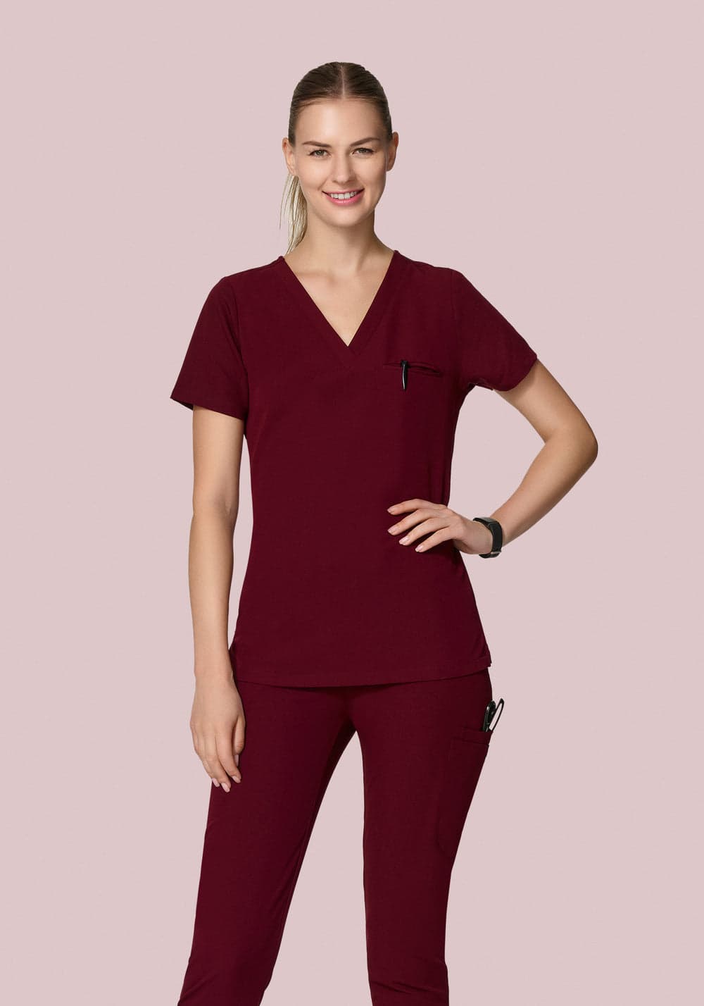 Tek Cepli Scrub Üst — Şarap Kırmızısı