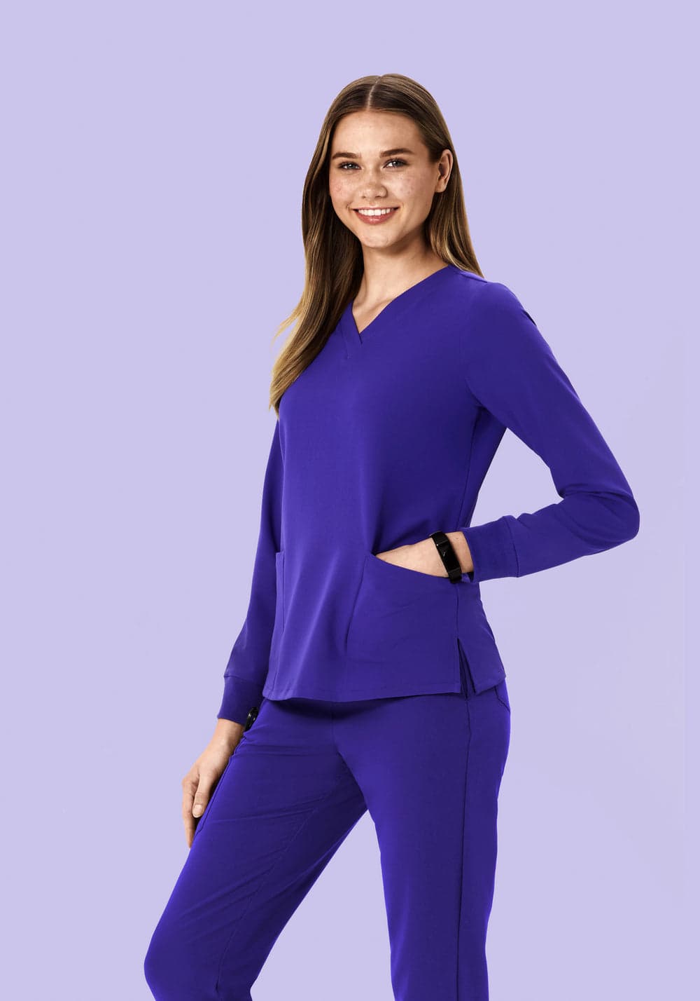 Uzun Kollu 6 Cepli Scrub Üst — Üzüm Moru