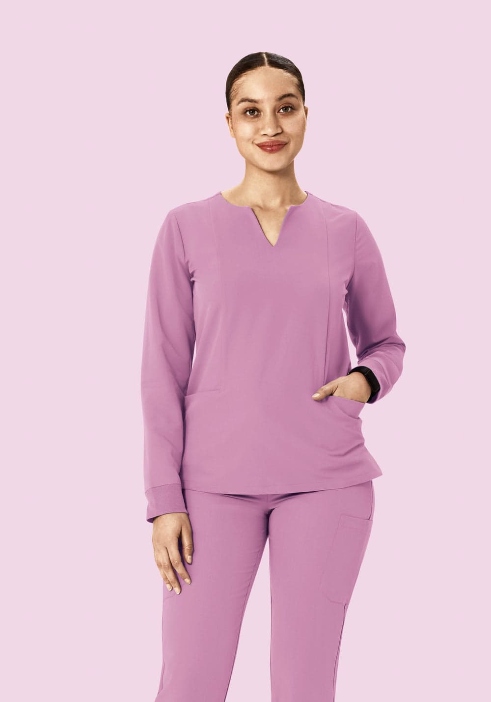 Uzun Kollu Çentik Yaka Scrub Üst — Leylak