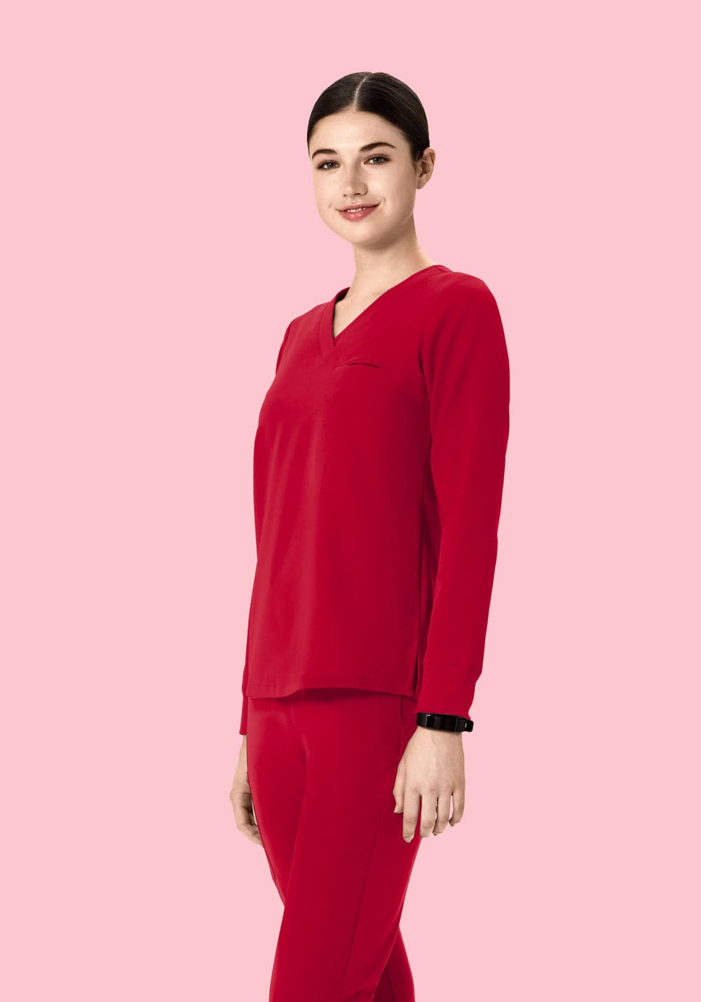 Uzun Kollu Tek Cepli Scrub Üst — Koyu Kırmızı