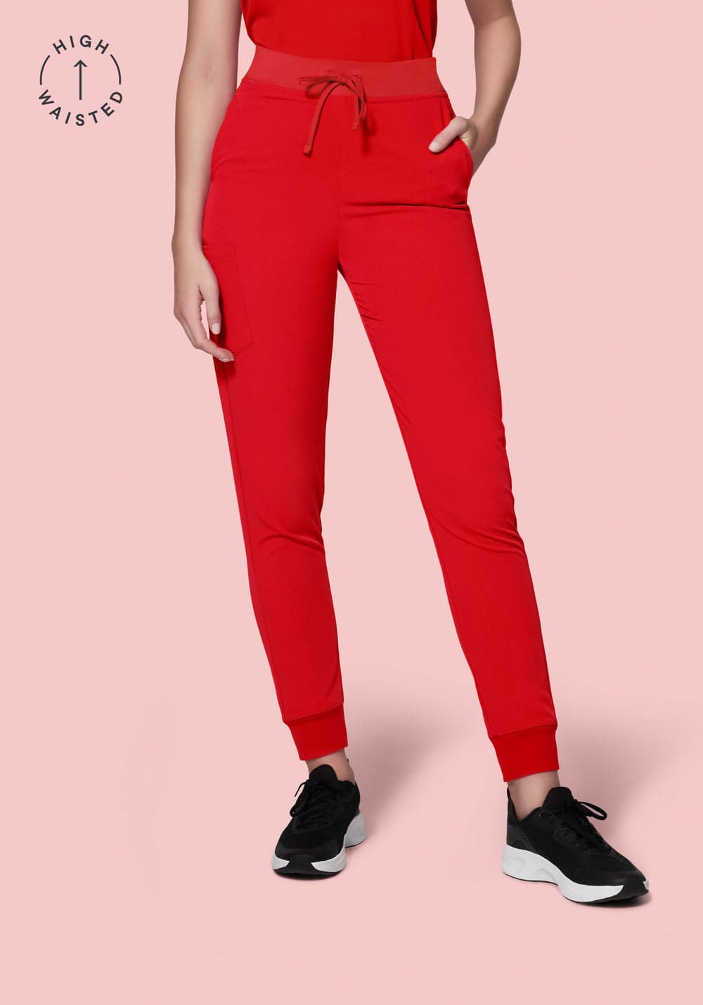 Yüksek Bel Jogger Scrub Pantolon — Şeker Kırmızısı
