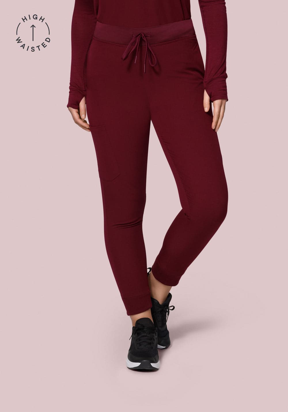 Yüksek Bel Jogger Scrub Pantolon — Şarap Kırmızısı