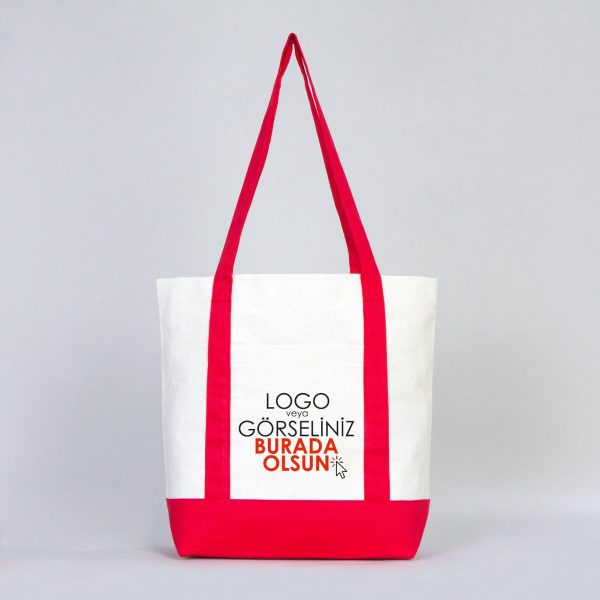 Trend Kanvas Çanta 40x35x12cm - Kırmızı Renkli Kulp (Özelleştirilebilir)