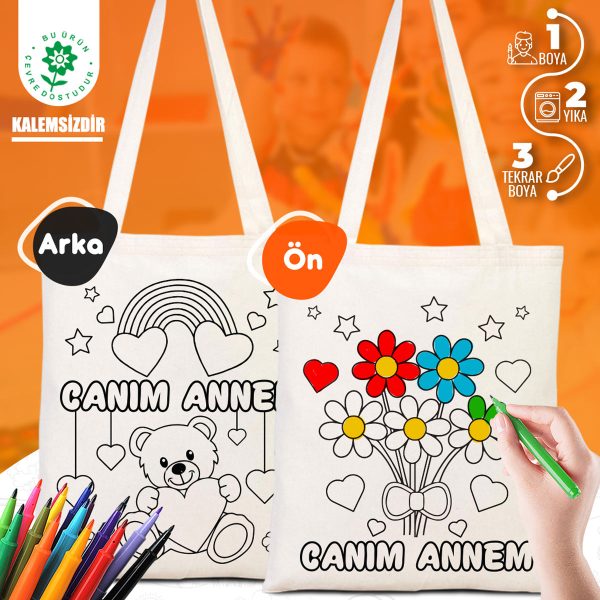 Boyanabilir Canım Annem Ham Bez Çanta - 35x40 cm - AYICIK ÇİÇEK Desenli