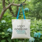 Gabardin Bez Çanta Turkuaz Kulp 40x35cm (Özelleştirilebilir)