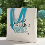 Kanvas Plaj Çantası Turkuaz Kulp 48x41x10 cm ( Özelleştirilebilir)