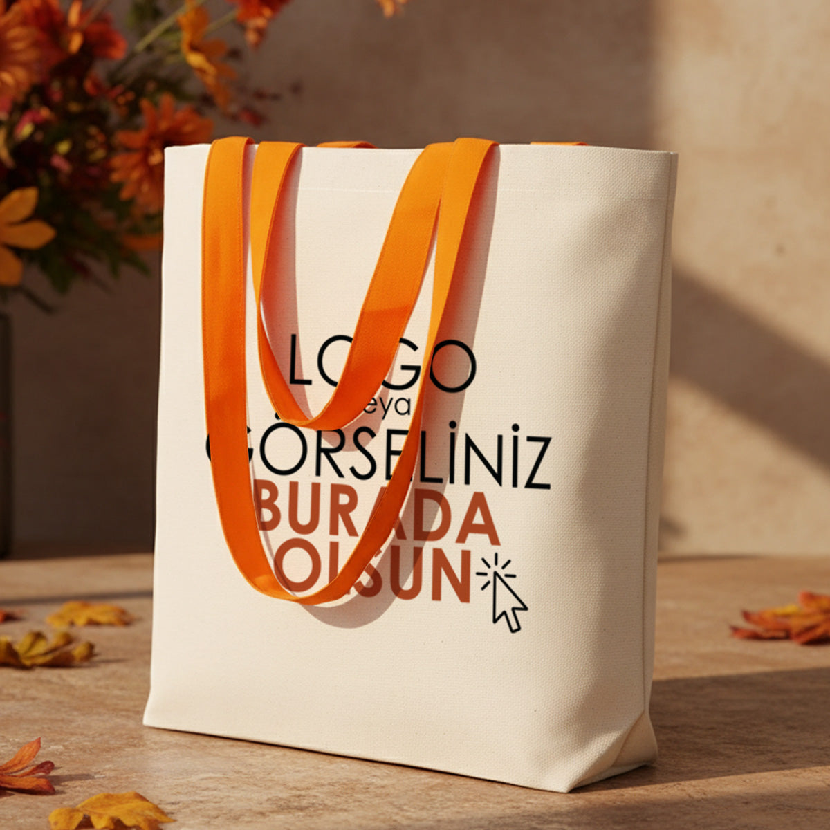 baskili-genis-kanvas-canta-turuncu-kulp Kanvas Plaj Çantası Turuncu Kulp 48x41x10 cm (Özelleştirilebilir) - Görsel 1