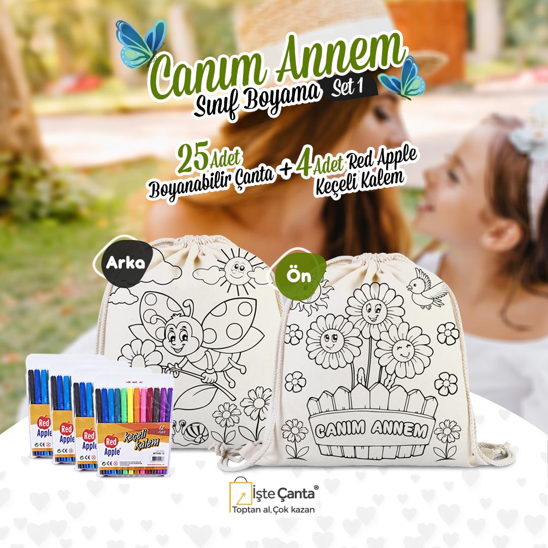canimannem-buzgulusinifboyamaset-1 Canım Anneme Büzgülü Çanta Boyama Seti - 25 Adet Boyanabilir Büzgülü Çanta / 4 Adet Keçeli Kalem 12'li - Görsel 1