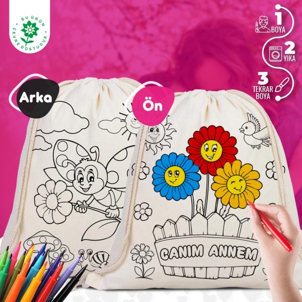 Boyanabilir Canım Annem İp Büzgülü Sırt Bez Çanta - 35x40cm - Uğurböceği Desenli