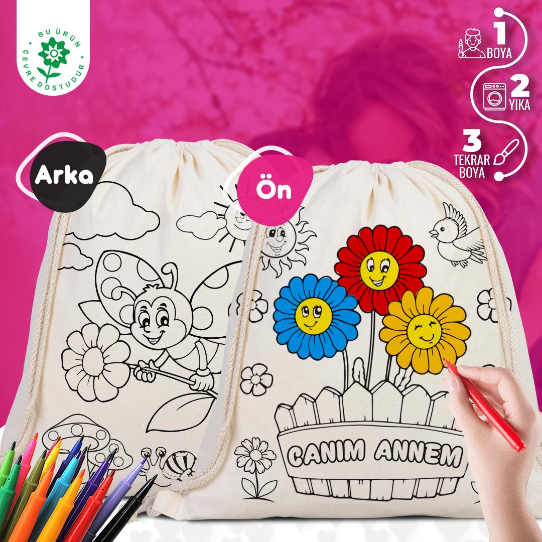 canimannemboyama-sirtcantasi Boyanabilir Canım Annem İp Büzgülü Sırt Bez Çanta - 35x40cm - Uğurböceği Desenli - Görsel 1