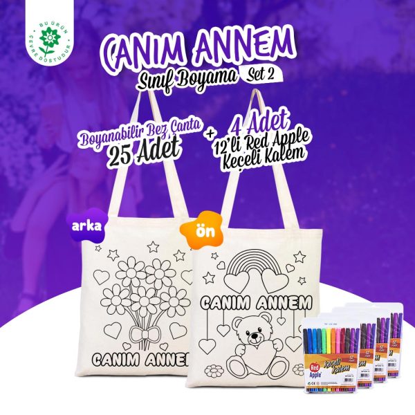 Anneler Günü Boyama Set 2 - 25 Adet AYICIK ÇİÇEK Boyanabilir Çanta / 4 Adet 12'li Keçeli Kalem
