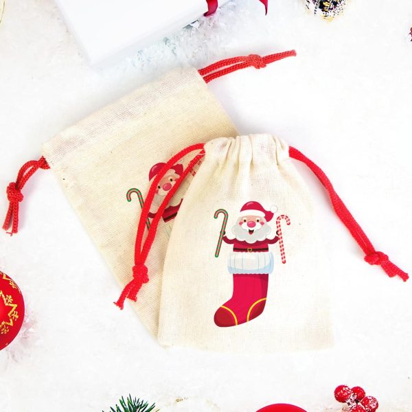 Noel Baba Baskılı Bez Kese Modeli - Renkli İp (Özelleştirilebilir)
