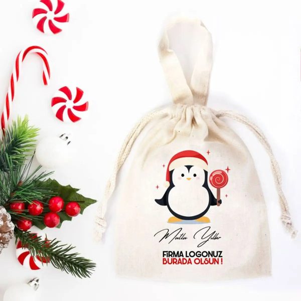 Yılbaşı Temalı Penguen Baskılı Bez Kese - 15,5x20 cm Tek Tutma Kısa Kulp (Özelleştirilebilir)