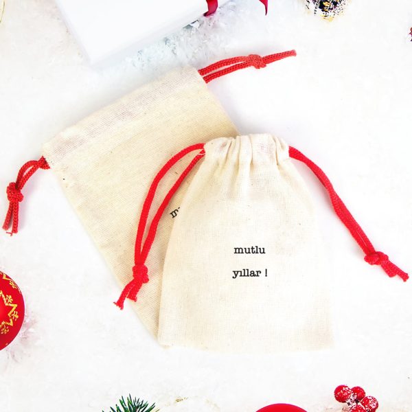 Mutlu Yıllar Minimalist Baskılı Bez Kese - Renkli İp (Özelleştirilebilir)