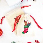 Yılbaşı Temalı Geyik Baskılı Bez Kese Modeli - Renkli İp (Özelleştirilebilir)