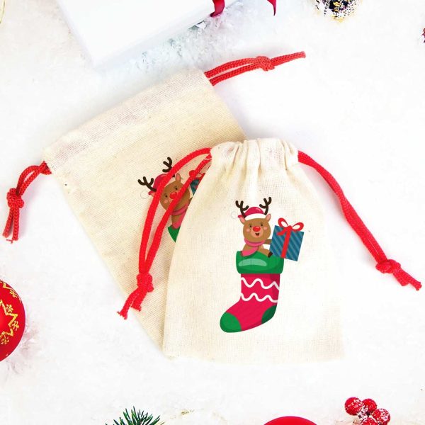 Yılbaşı Temalı Geyik Baskılı Bez Kese Modeli - Renkli İp (Özelleştirilebilir)