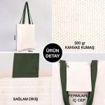 Kanvas Çanta Yeşil Kulp - İç Cepli - 35x40 cm - Görsel 2